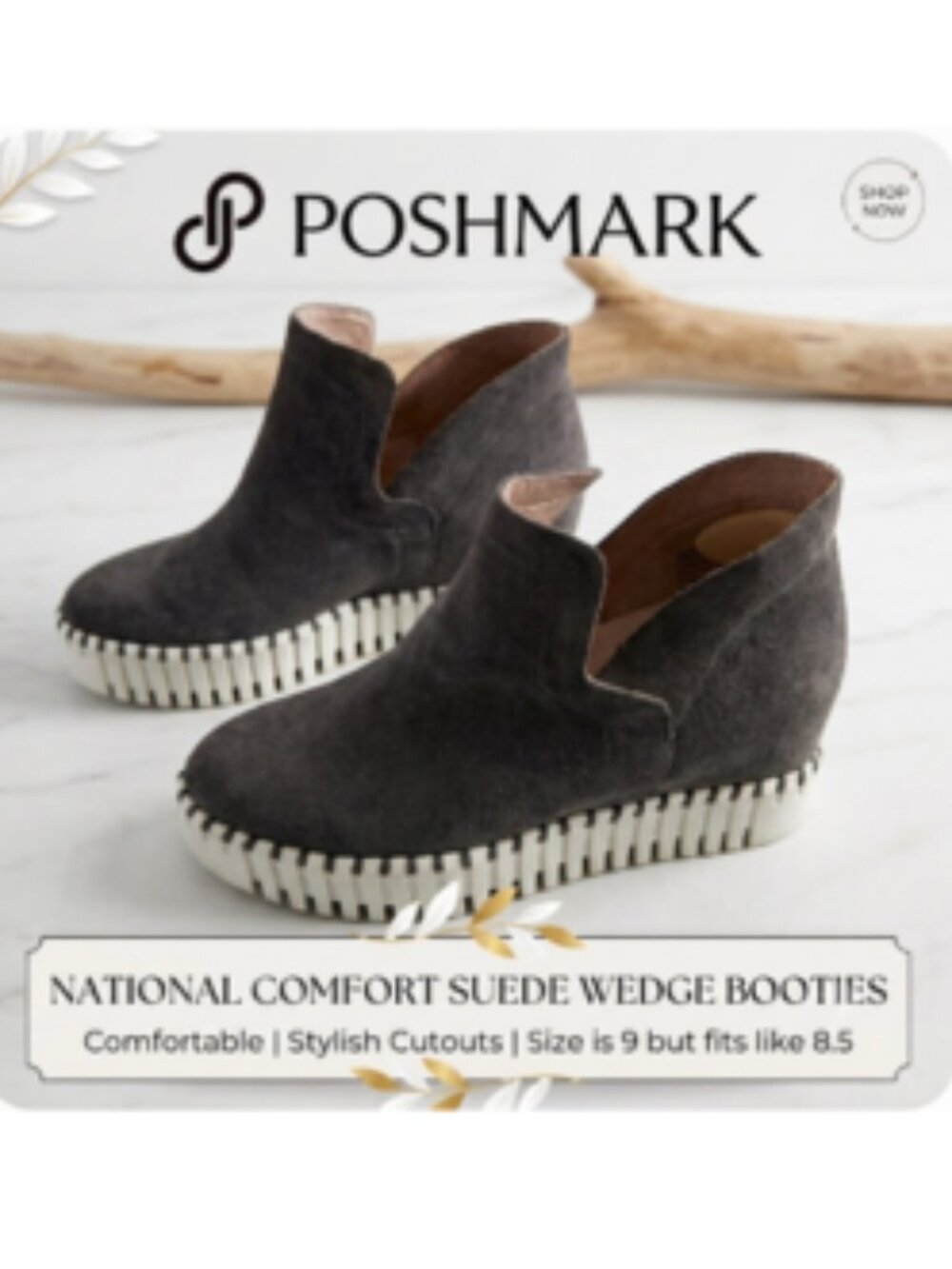National Comfort Gray Suede Wedge Booties Cutout Slip On Size 9 (Fits 8.5)